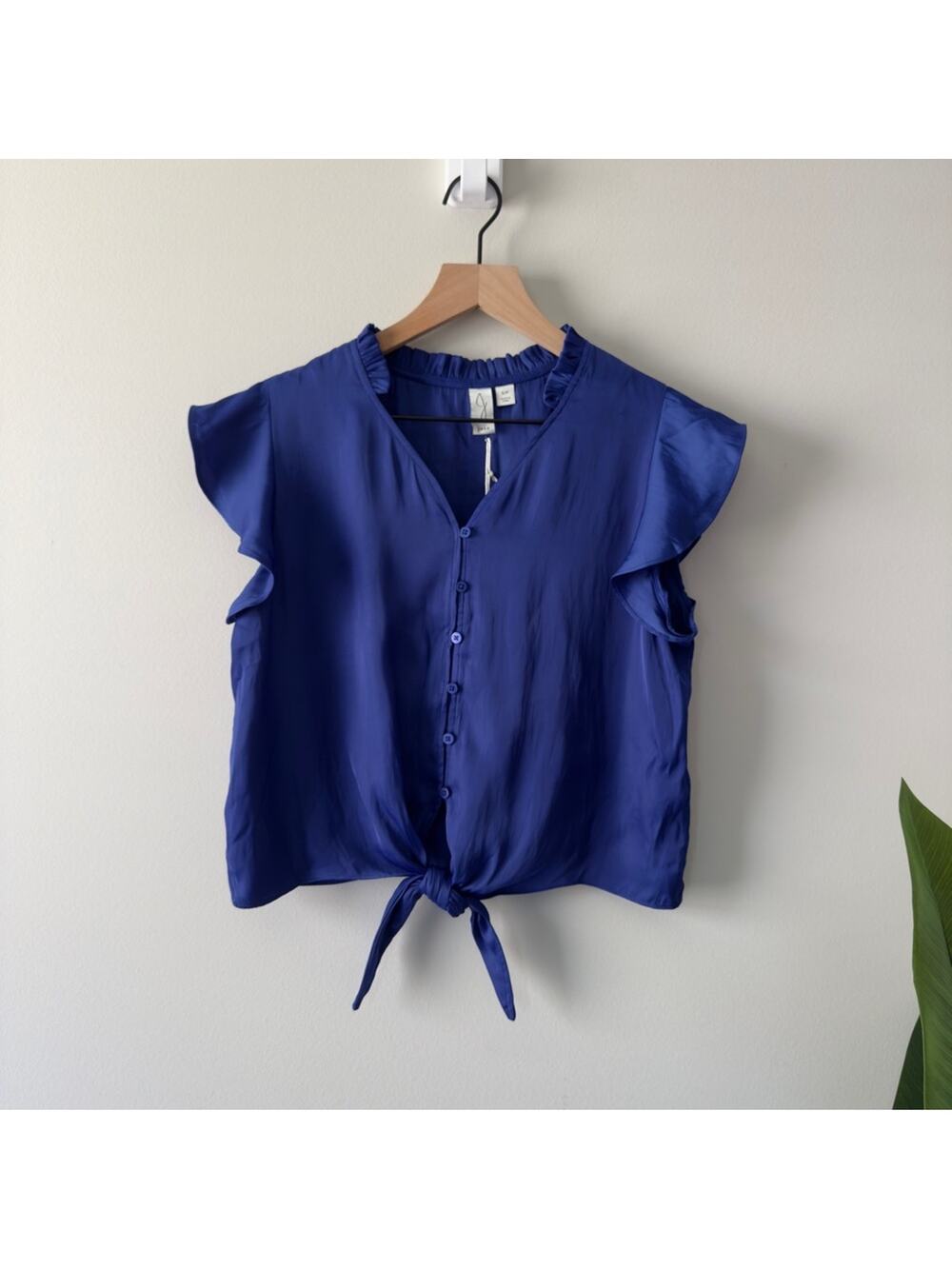 Joie Blue Flutter Sleeve Blouse Tie Front Button down Ruffle V-Neck Solid blue S